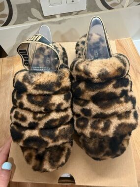 UGG Leopard-Print Faux Fur Backstrap slides in Brown and Black